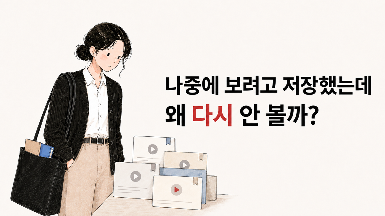 나중에 보려고 저장했는데 왜 다시 안 볼까라는 문구와, 쌓여 있는 저장된 학습 영상들을 내려다보는 Mina 일러스트