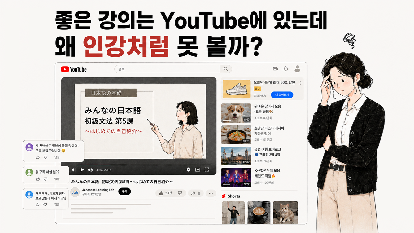 좋은 강의는 YouTube에 있는데 왜 인강처럼 못 볼까라는 문구와, 추천 영상과 쇼츠가 함께 보이는 YouTube 강의 화면 앞에서 학습에 집중하기 어려워하는 Mina 일러스트